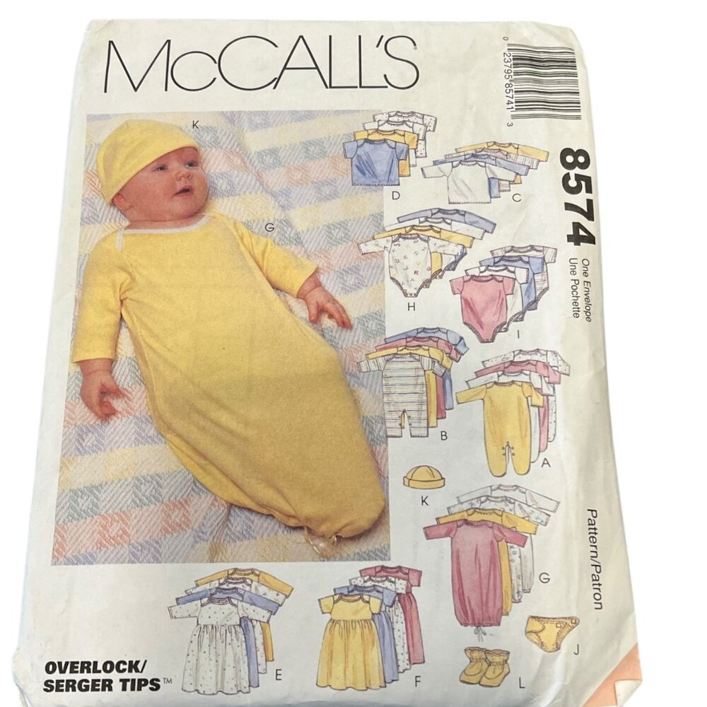 McCalls 8574 Infant Sewing Pattern For Rompers Dresses Gowns Hats & Booties Size